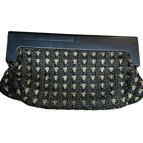 Steve Madden Clutch Purse Wood Top Black And Gold Metallic Vintage Style Retro - Picture 1 of 16